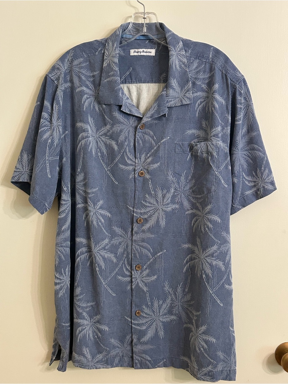 Tommy Bahama Slate Blue Palm-Print Silk Camp Shirt